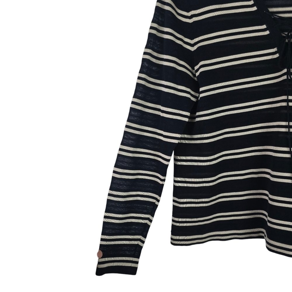Akris Womens Cotton Silk Black Tan Striped Long Sleeve V Neck Lace Up Sweater 12 - Picture 9 of 9